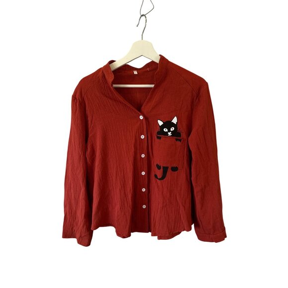 Red Cat Print Button Up Shirt Plus Size XXL Women's Casual Lightweight Blouse - Picture 4 of 10